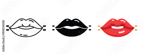 Minimal Lip Icon Set with Pouty, Neutral, Red Styles - Minimalist, flat icon, outline, glyph, linear, clipart, sticker - Vector icon set - Glyph icon