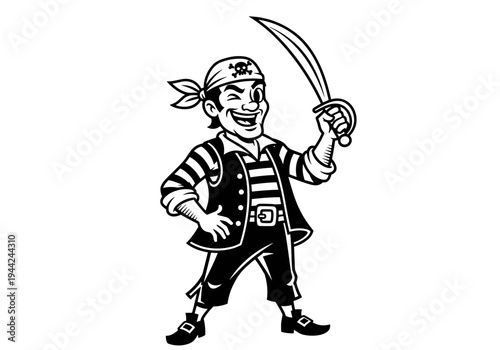 Smiling Pirate Character Holding a Cutlass in Black and White.