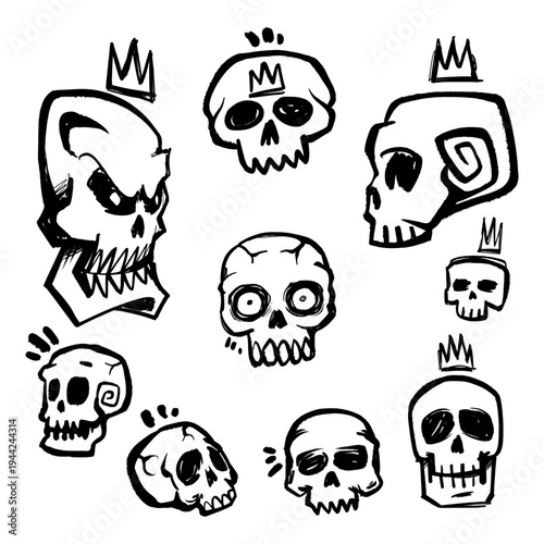 Hand Drawn Set of 9 Skull Character Illustrations in Bold Black Lines for Spooky Themes and Urban Branding.