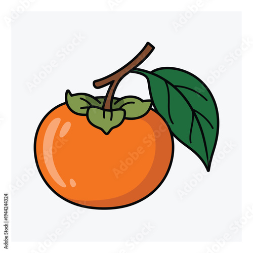 A vibrant, cartoon-style of a ripe persimmon with a green leaf and stem