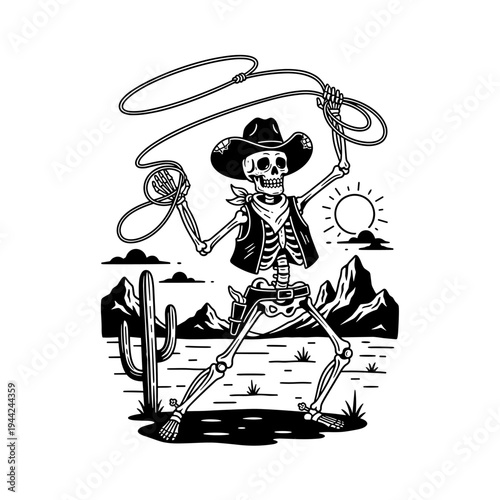 Skeleton Cowboy Lassoing in the Desert.