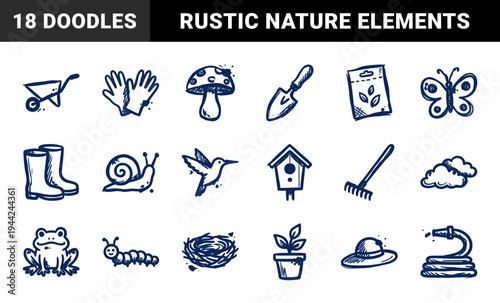 Hand-drawn garden and backyard nature elements for organic brand identity. Rustic, naive marker sketch illustrations featuring spring horticulture concepts.