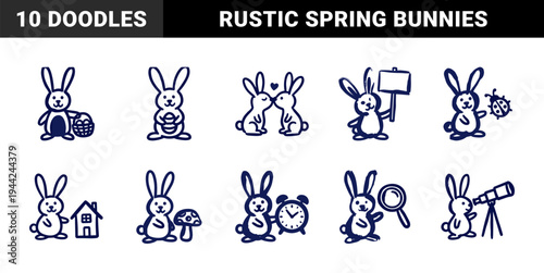 Hand-drawn rabbit character doodles for Easter and spring storytelling. Rustic naive ink sketch illustrations featuring bunnies with nature and lifestyle elements.
