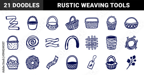 Hand-drawn rustic wicker baskets and weaving elements for organic branding. Naive marker sketch illustrations featuring craft, storage, and picnic concepts.