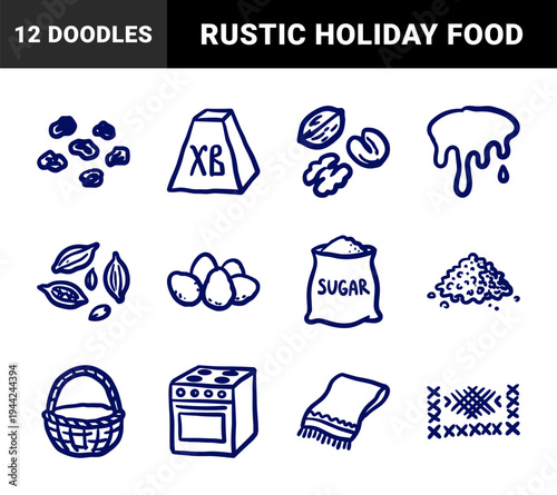 Traditional Easter celebration elements with Paskha cake and ingredients. Rustic hand-drawn naive doodle sketches for holiday branding.