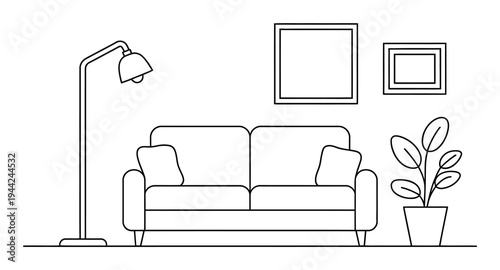 Minimalist Line of a Living Room Scene with Sofa, Lamp, and Plant