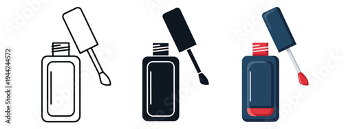 Nail Polish Bottle Icon Set with Brush Applicator Designs - Minimalist, flat icon, outline, glyph, linear, clipart, sticker - Vector icon set - Glyph icon
