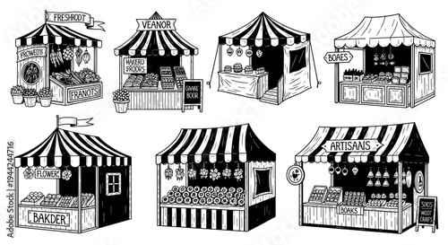 Collection of hand drawn market stalls with striped awnings and various goods.