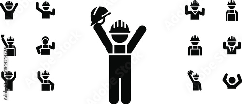Black silhouette icons of people celebrating with raised hands and a trophy
