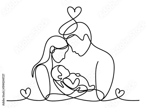 Minimalist Line of a Loving Family with a Newborn Baby and Hearts