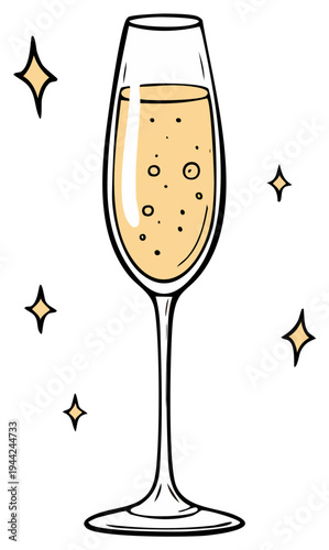 Champagne flute illustration with bubbles and twinkling stars