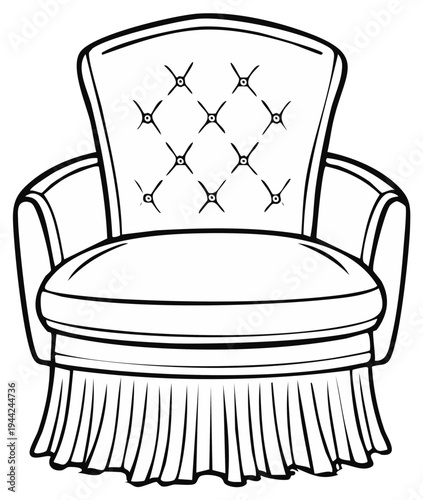 Elegant armchair line art illustration: classic upholstered seat with pleated skirt