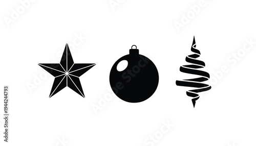 Christmas icon set including star, ornament, and tree silhouette