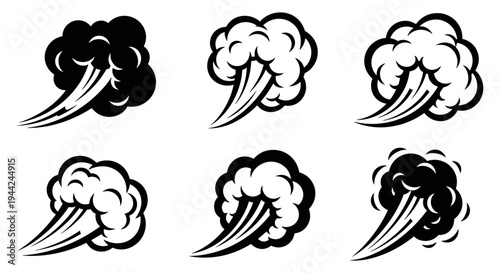 Set of Six Stylized Smoke or Dust Cloud Illustrations.