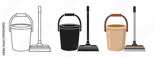 Flat Design Cleaning Tools Set with Bucket and Mop Icons - Minimalist, flat icon, outline, glyph, linear, clipart, sticker - Vector icon set - Glyph icon