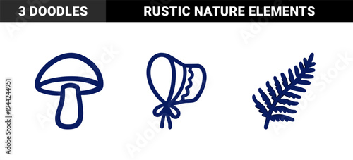 Rustic hand-drawn forest and cottagecore elements for organic branding. Naive marker sketch of a bonnet, mushroom, and fern leaf.