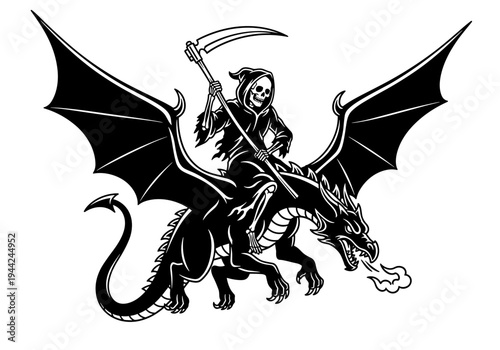 Grim Reaper riding a fearsome dragon with outstretched wings.