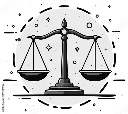 Grayscale balance scale illustration depicting concepts of justice, law, equity, and moral judgment.