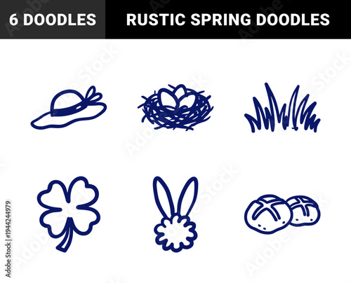 Hand-drawn spring and Easter seasonal elements in a rustic naive marker style. Clumsy blue line art featuring bunny, bird nest, clover, and hot cross buns.