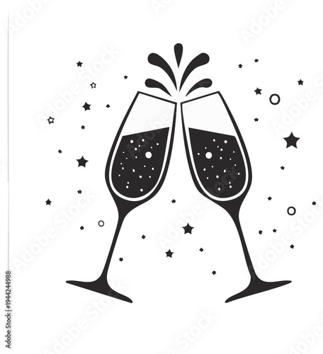 Two Champagne Flutes Clinking Celebration Toast with Bubbles and Stars
