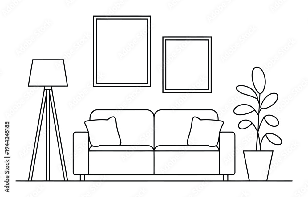 Fototapeta premium Minimalist Living Room Scene with Sofa, Lamp, and Plant