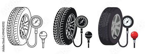Car Tire Pressure Gauge Icon Set for Auto Maintenance - Minimalist, flat icon, outline, glyph, linear, clipart, sticker - Vector icon set - Glyph icon
