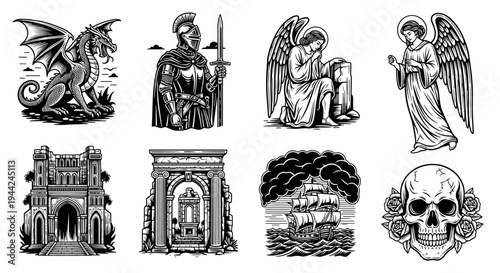 Collection of Mythical Creatures and Architectural Elements.