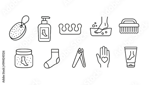 Foot care icon set including various hygiene and beauty products