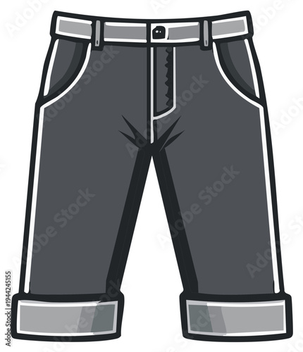 Cartoon illustration of stylish gray denim shorts with rolled cuffs for casual wear.