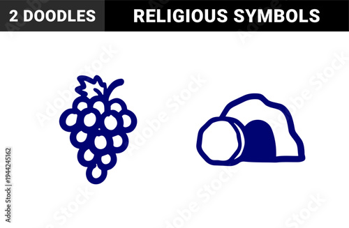 Hand-drawn Easter resurrection tomb and grape bunch for religious branding. Rustic naive marker sketch illustrations featuring Christian biblical symbols.