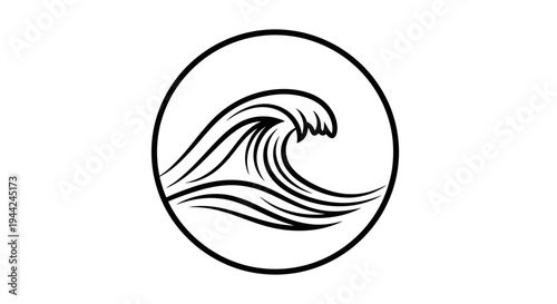 Black and white stylized ocean wave icon in a circular frame. Simple line art graphic symbol of sea, water, nature, and marine themes.