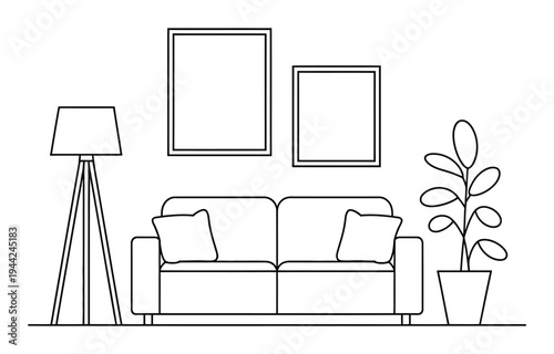 Minimalist Living Room Scene with Sofa, Lamp, and Plant
