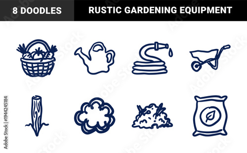 Hand-drawn gardening tools and organic vegetable harvest for rustic brand identity. Naive marker sketch illustrations featuring backyard farming concepts.