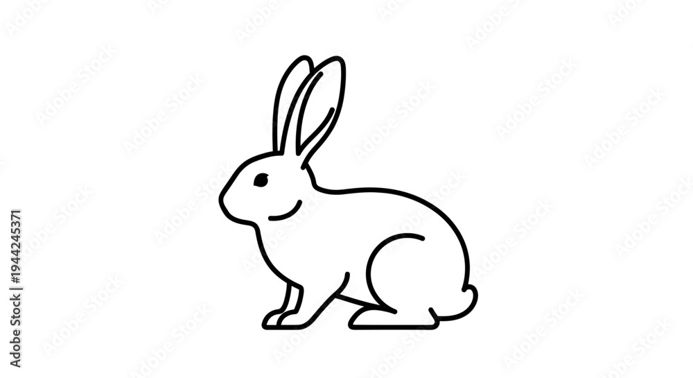 Obraz premium Minimalist black and white line art illustration of a cute rabbit sitting on a white background, simple animal icon graphic