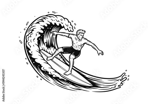 Dynamic Surfer Riding a Powerful Ocean Wave in Monochromatic Style.