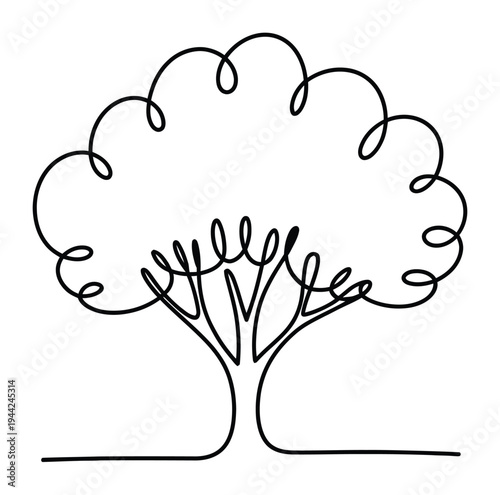 Minimalist single line of a stylized tree with curly branches