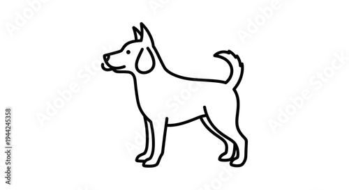 Minimalist black and white line art illustration of a standing dog. Simple outline drawing of a pet animal, side profile view.
