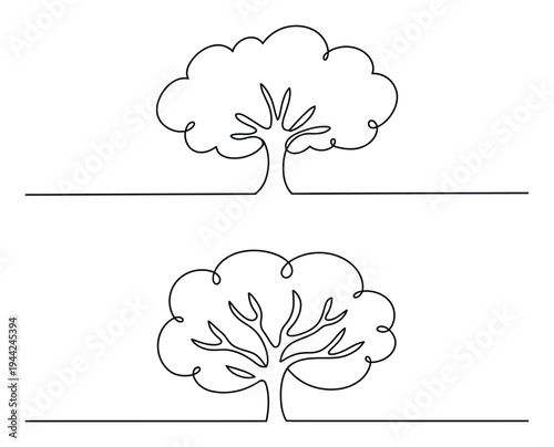 Minimalist Single Line of Two Trees on White Background