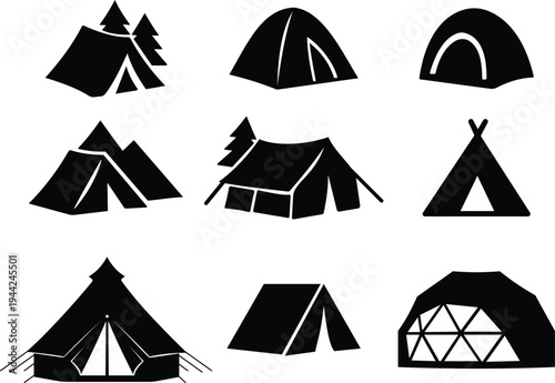 Camping tent icons set outdoor adventure shelter symbols with camp tents, mountain and forest travel elements for hiking tourism nature trip vector illustration design collection group