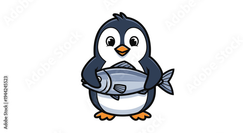 Cartoon penguin holding a fish.