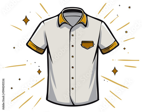 Illustration of a button down collared shirt with pocket and yellow trim.
