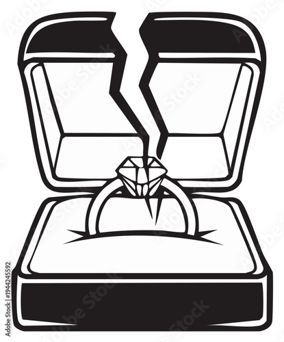Broken engagement ring in a jewelry box, divorce concept