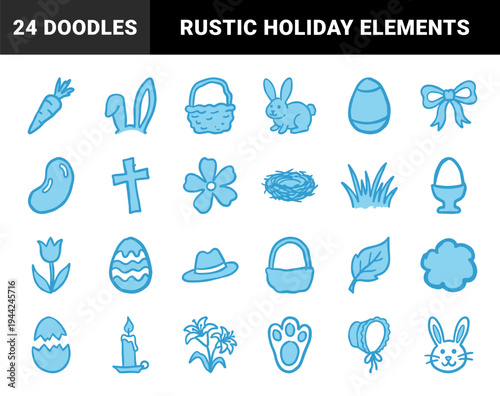Hand-drawn Easter and spring celebration elements in a naive blue marker doodle style. Rustic holiday sketches featuring bunnies, eggs, and floral motifs.
