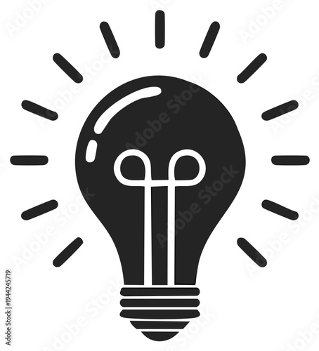 Vector black lightbulb icon with radiating light beams for idea concepts and problem solving