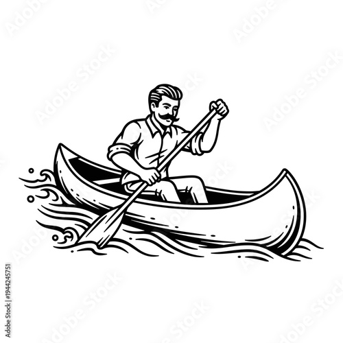 Man paddling a canoe in a river, vintage illustration style.