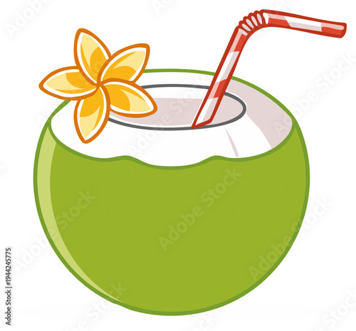 Refreshing green coconut drink with striped straw and exotic plumeria flower illustration