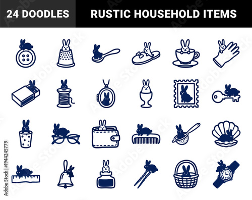 Hand-drawn tiny bunny rabbits hidden in household objects. Minimalist navy blue ink doodle illustrations with a naive and whimsical aesthetic.