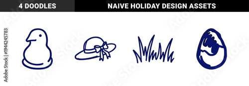 Easter spring celebration doodles with hand-drawn holiday elements. Naive marker sketch illustrations featuring a sun hat, chick, cracked egg, and grass.