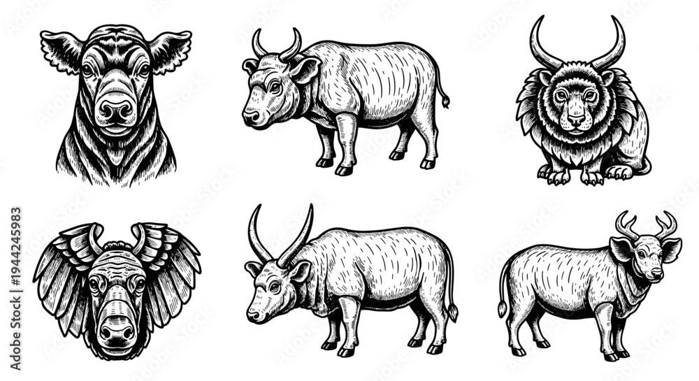 Obraz premium Collection of Hand-Drawn Bovine Illustrations - Detailed Engravings of Bulls and Cows.