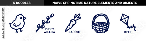 Hand-drawn Easter and spring garden elements for organic branding. Rustic naive marker sketch illustrations featuring chick, carrot, and kite.